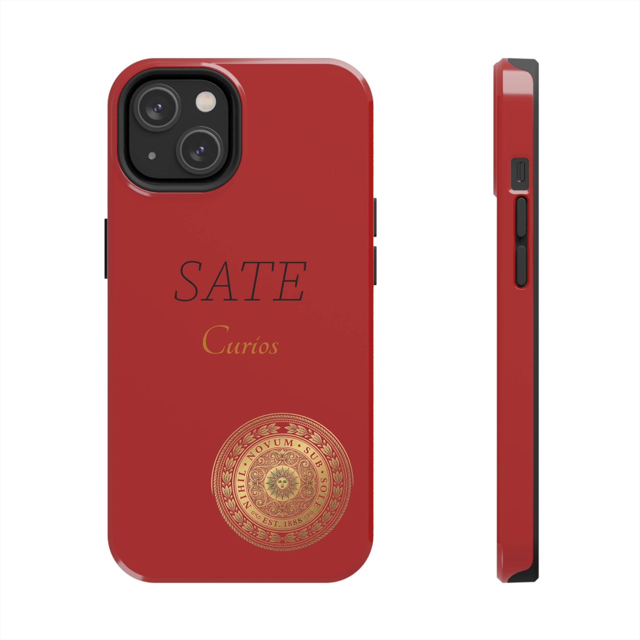 Red 'SATE Curios' Tough Phone Case with Gold Mandala — Durable Protective Case