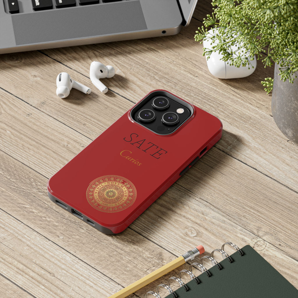 Red 'SATE Curios' Tough Phone Case with Gold Mandala — Durable Protective Case