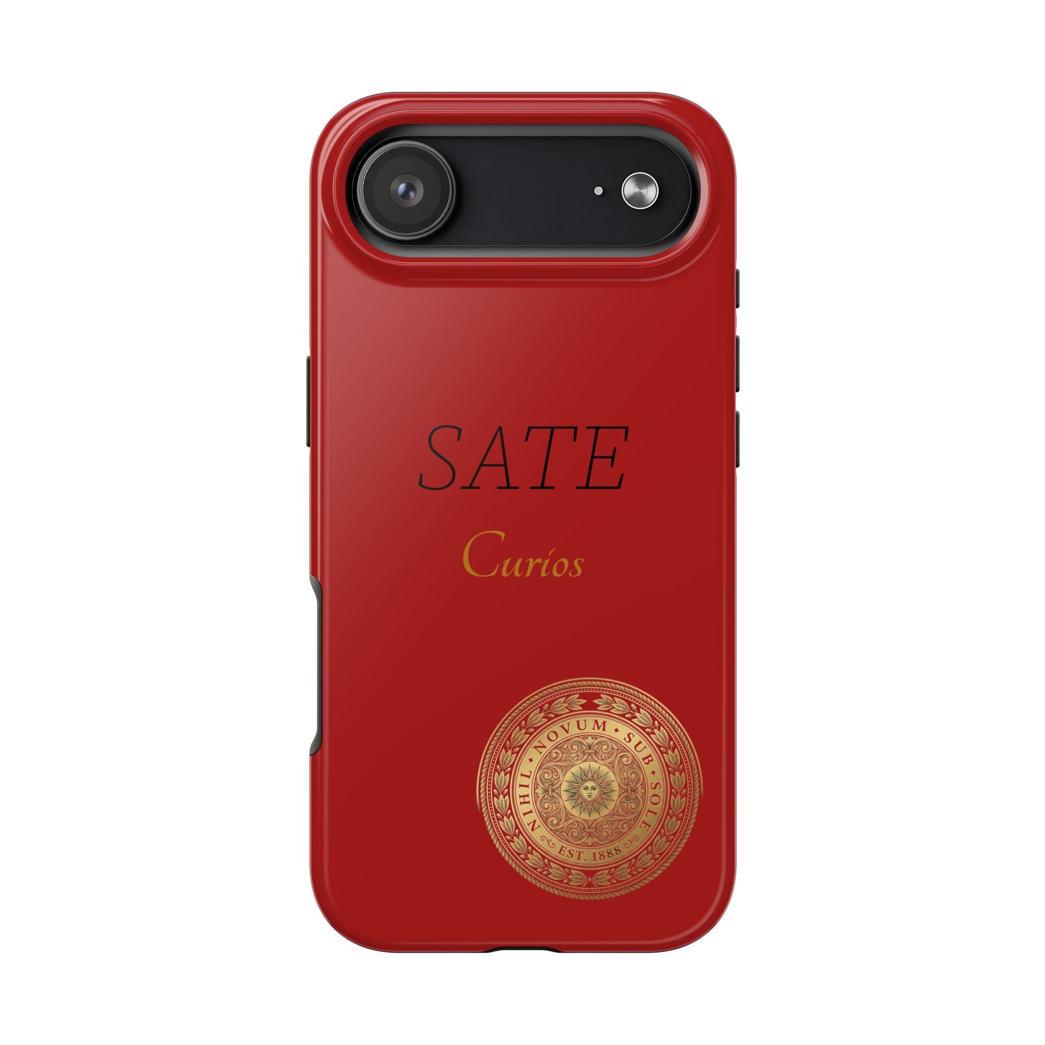 Red 'SATE Curios' Tough Phone Case with Gold Mandala — Durable Protective Case