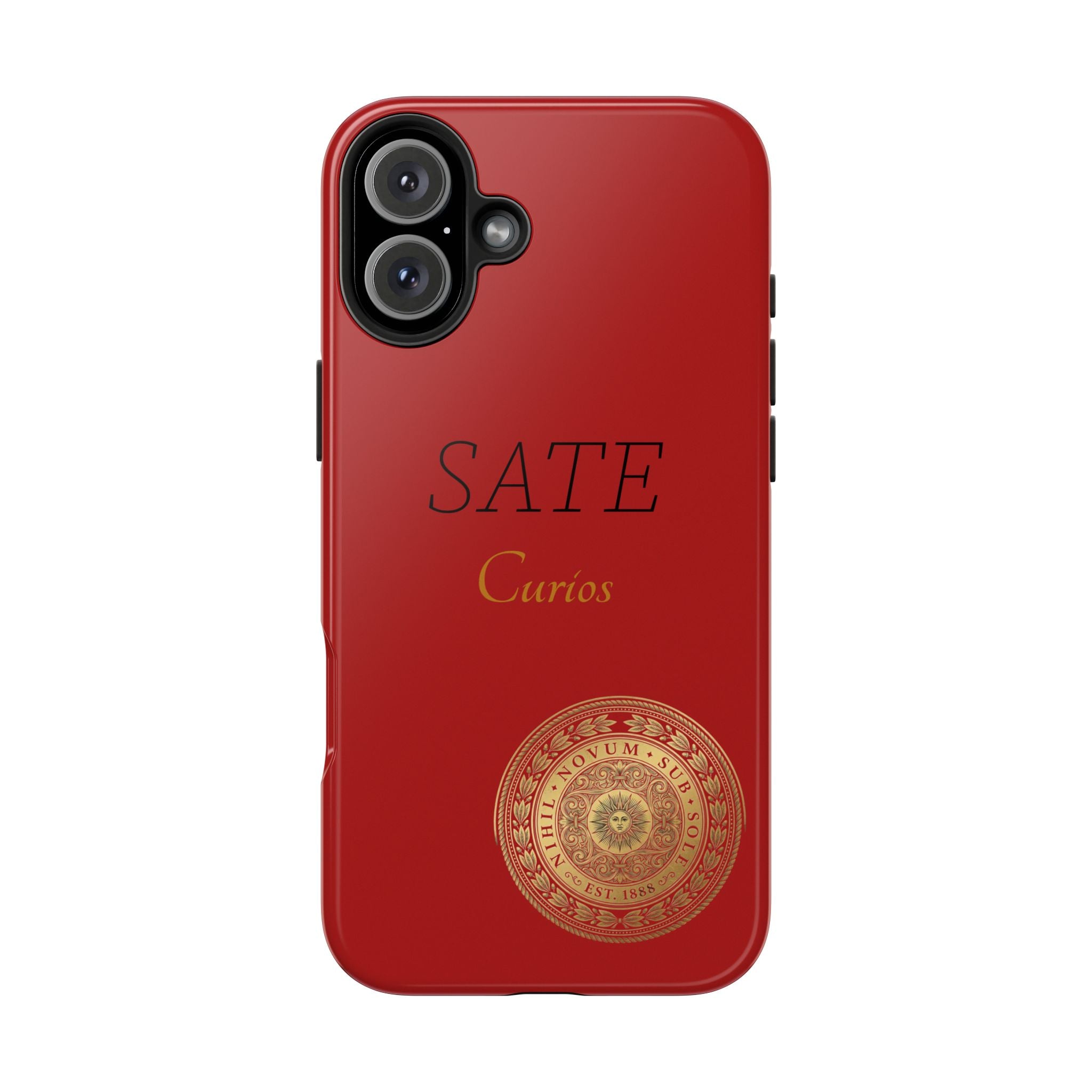 Red 'SATE Curios' Tough Phone Case with Gold Mandala — Durable Protective Case