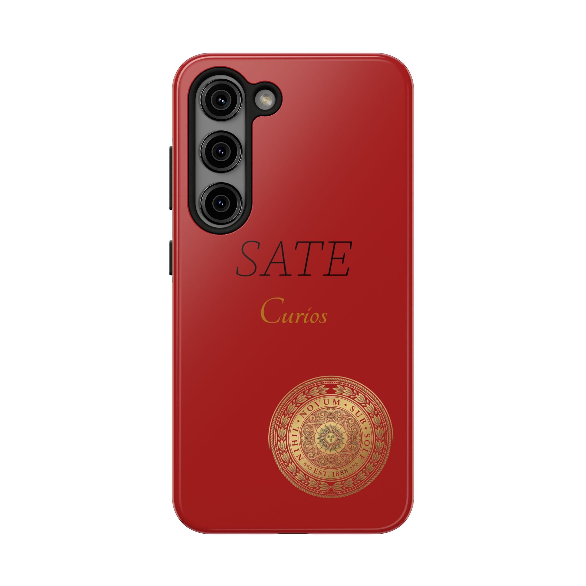 Red 'SATE Curios' Tough Phone Case with Gold Mandala — Durable Protective Case