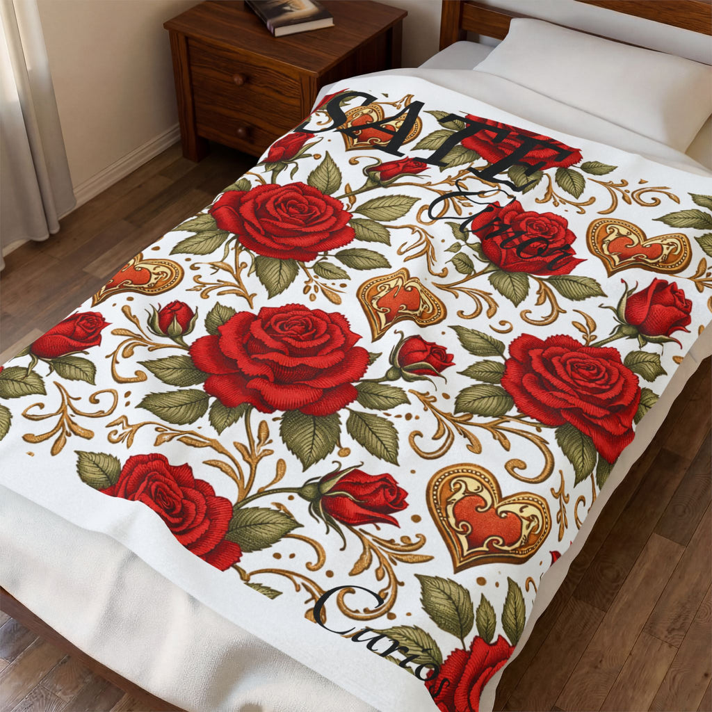 SATE Amor Velveteen Plush Blanket – Red Rose & Gold Heart Floral Throw (Romantic Valentine’s Décor)