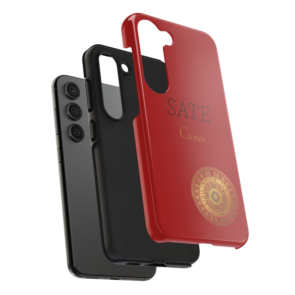 Red 'SATE Curios' Tough Phone Case with Gold Mandala — Durable Protective Case