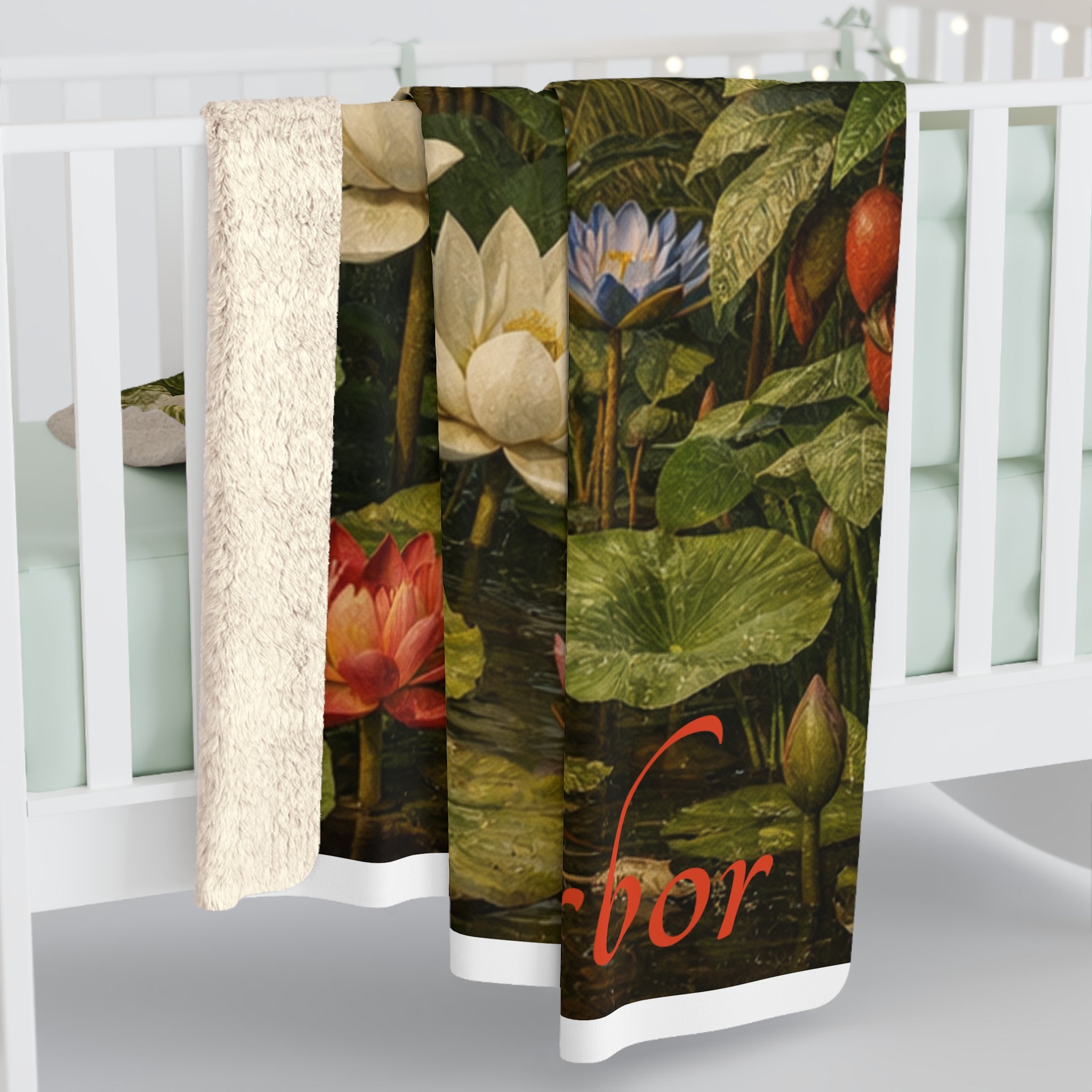 Vintage Tropical Lotus Sherpa Blanket — 'Arbor' Botanical Oasis Throw