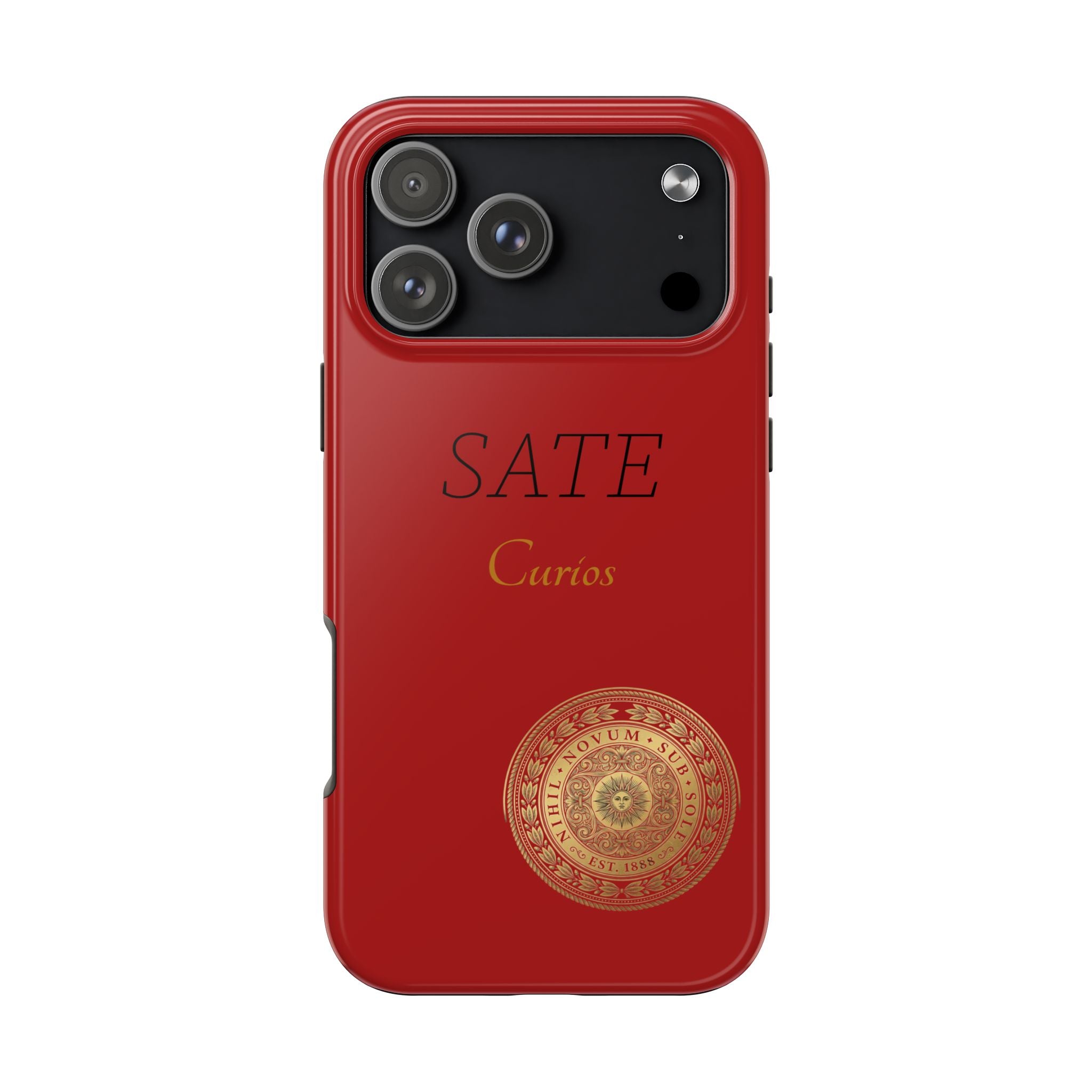 Red 'SATE Curios' Tough Phone Case with Gold Mandala — Durable Protective Case