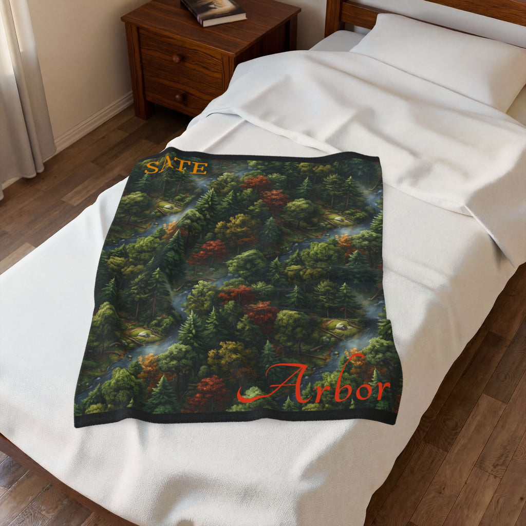 Forest Canopy Plush Blanket – Autumn Arbor Velveteen Throw with "Arbor" Script