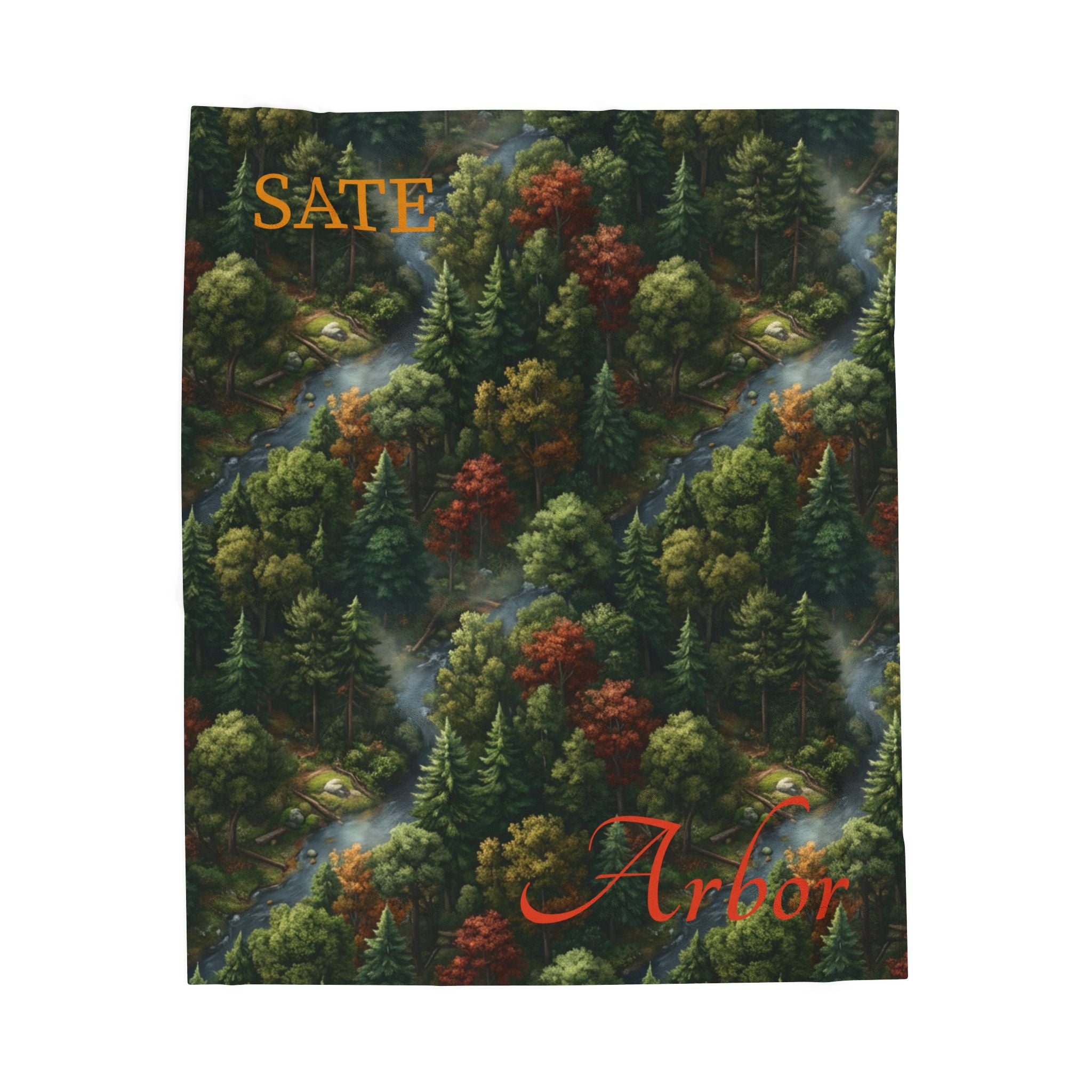 Forest Canopy Plush Blanket – Autumn Arbor Velveteen Throw with "Arbor" Script