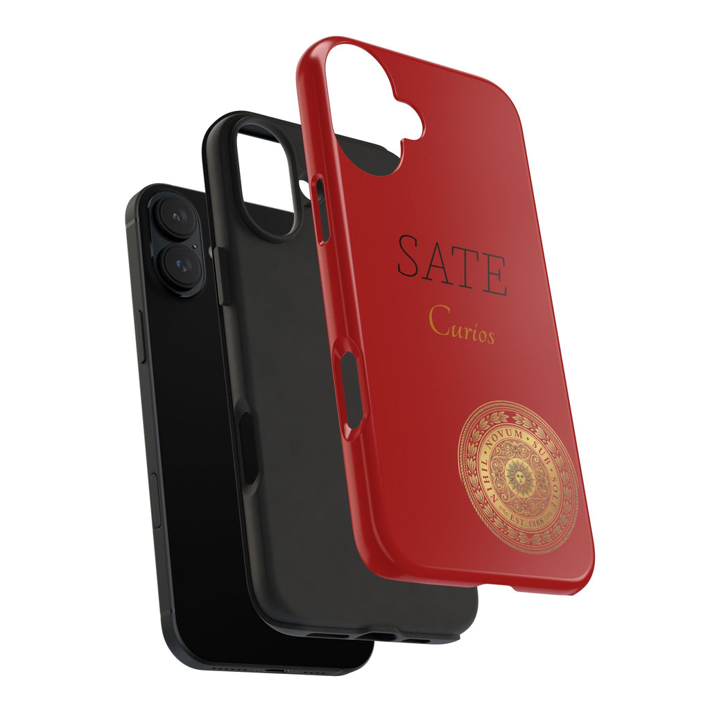 Red 'SATE Curios' Tough Phone Case with Gold Mandala — Durable Protective Case
