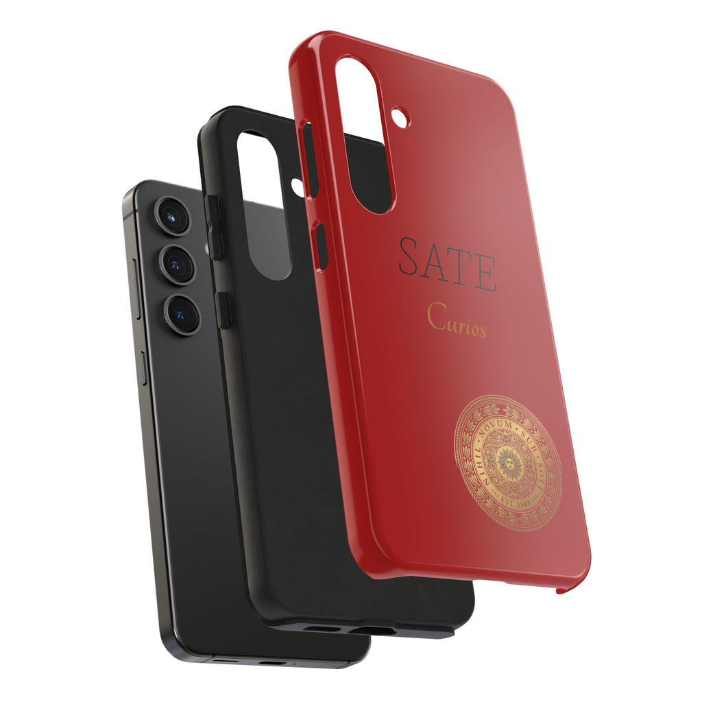 Red 'SATE Curios' Tough Phone Case with Gold Mandala — Durable Protective Case