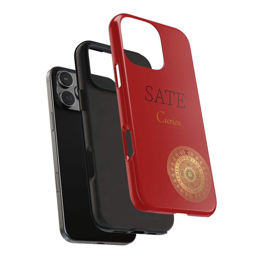 Red 'SATE Curios' Tough Phone Case with Gold Mandala — Durable Protective Case