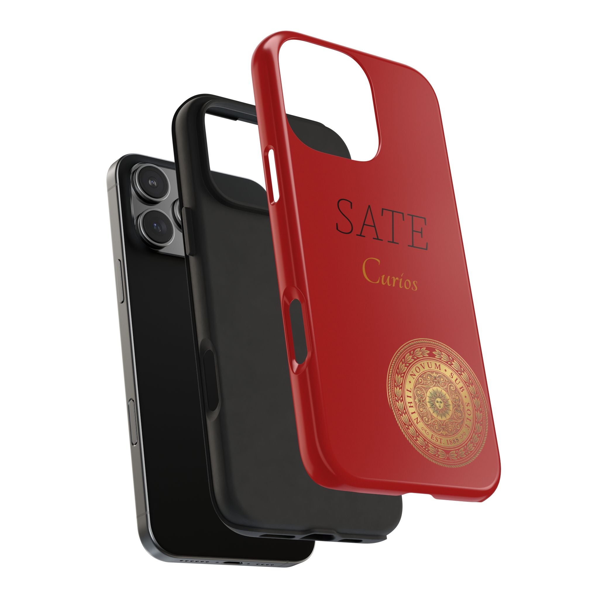 Red 'SATE Curios' Tough Phone Case with Gold Mandala — Durable Protective Case