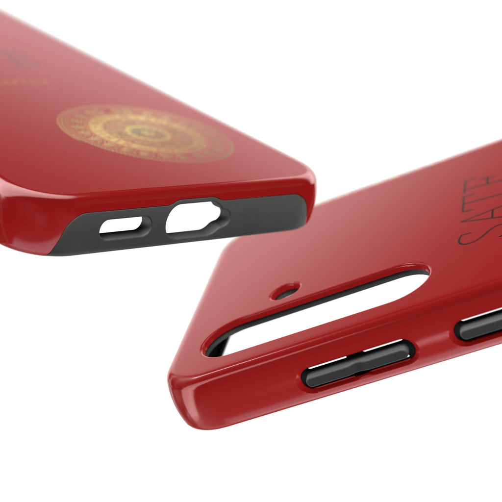 Red 'SATE Curios' Tough Phone Case with Gold Mandala — Durable Protective Case