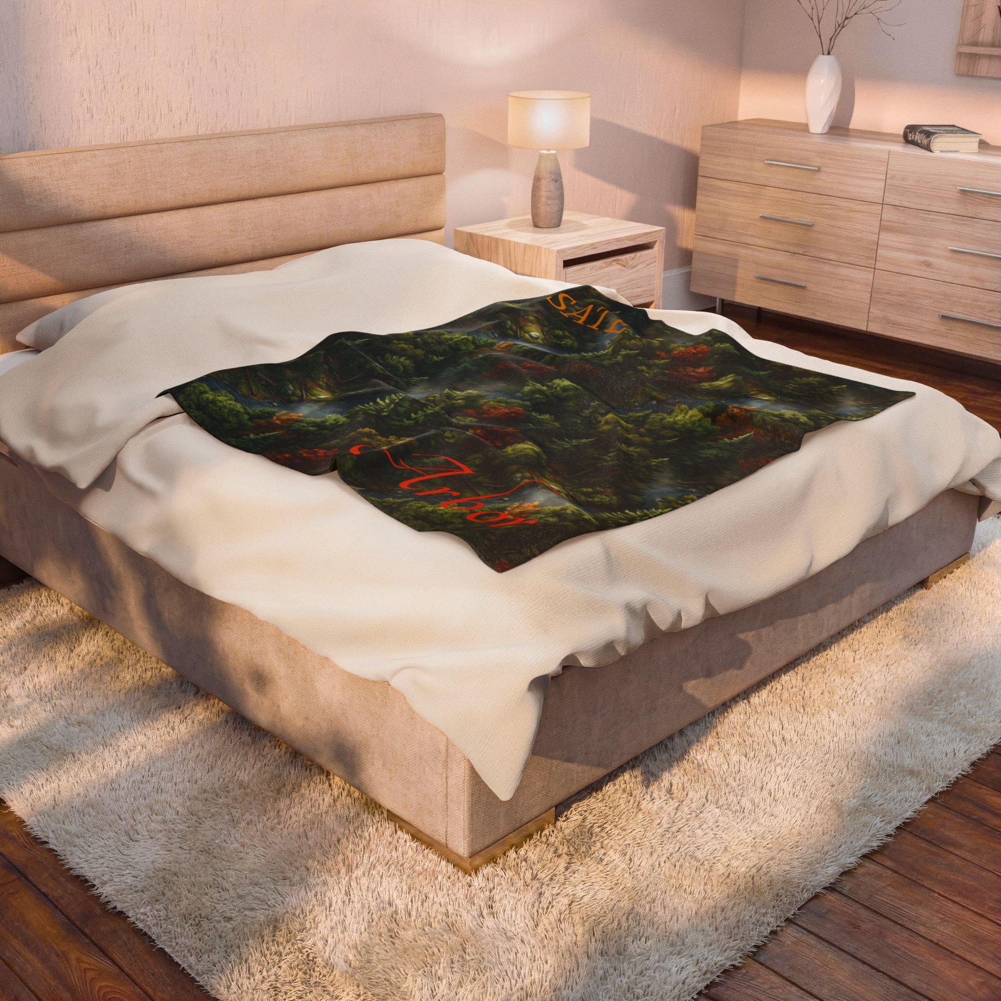 Forest Canopy Plush Blanket – Autumn Arbor Velveteen Throw with "Arbor" Script