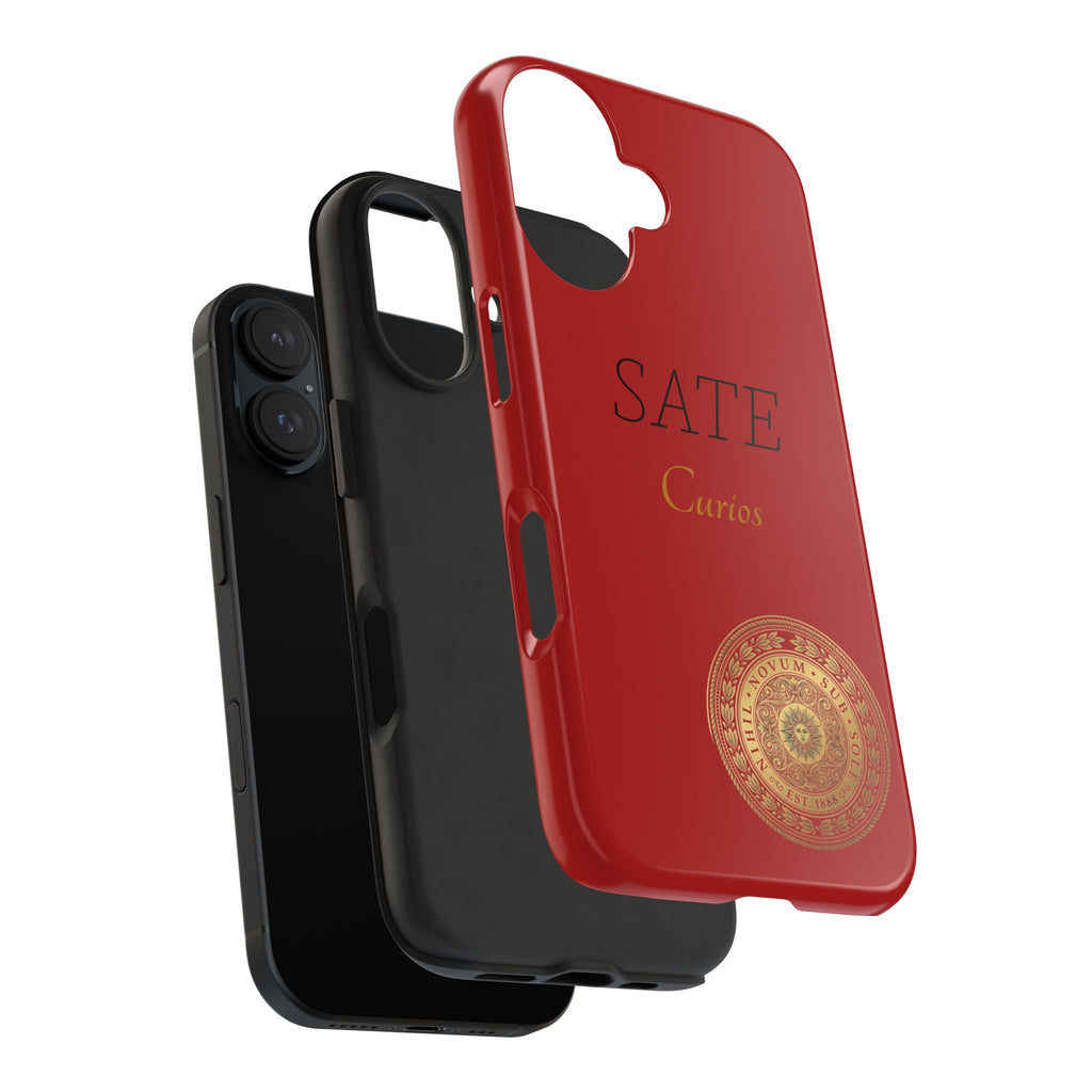 Red 'SATE Curios' Tough Phone Case with Gold Mandala — Durable Protective Case