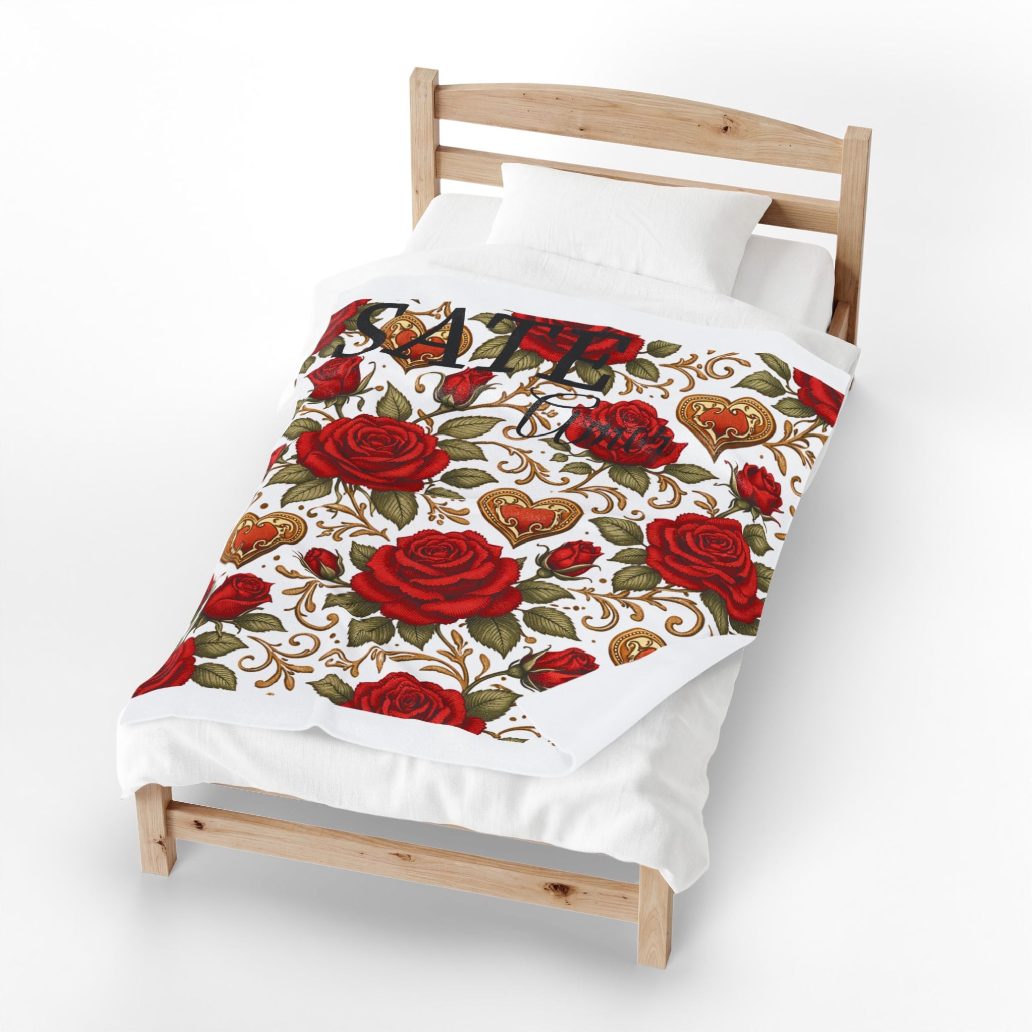 SATE Amor Velveteen Plush Blanket – Red Rose & Gold Heart Floral Throw (Romantic Valentine’s Décor)