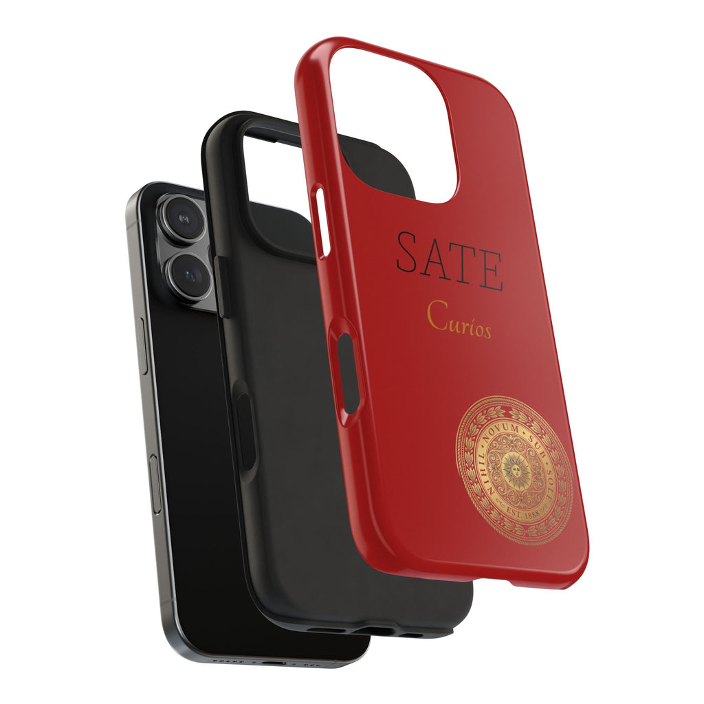 Red 'SATE Curios' Tough Phone Case with Gold Mandala — Durable Protective Case