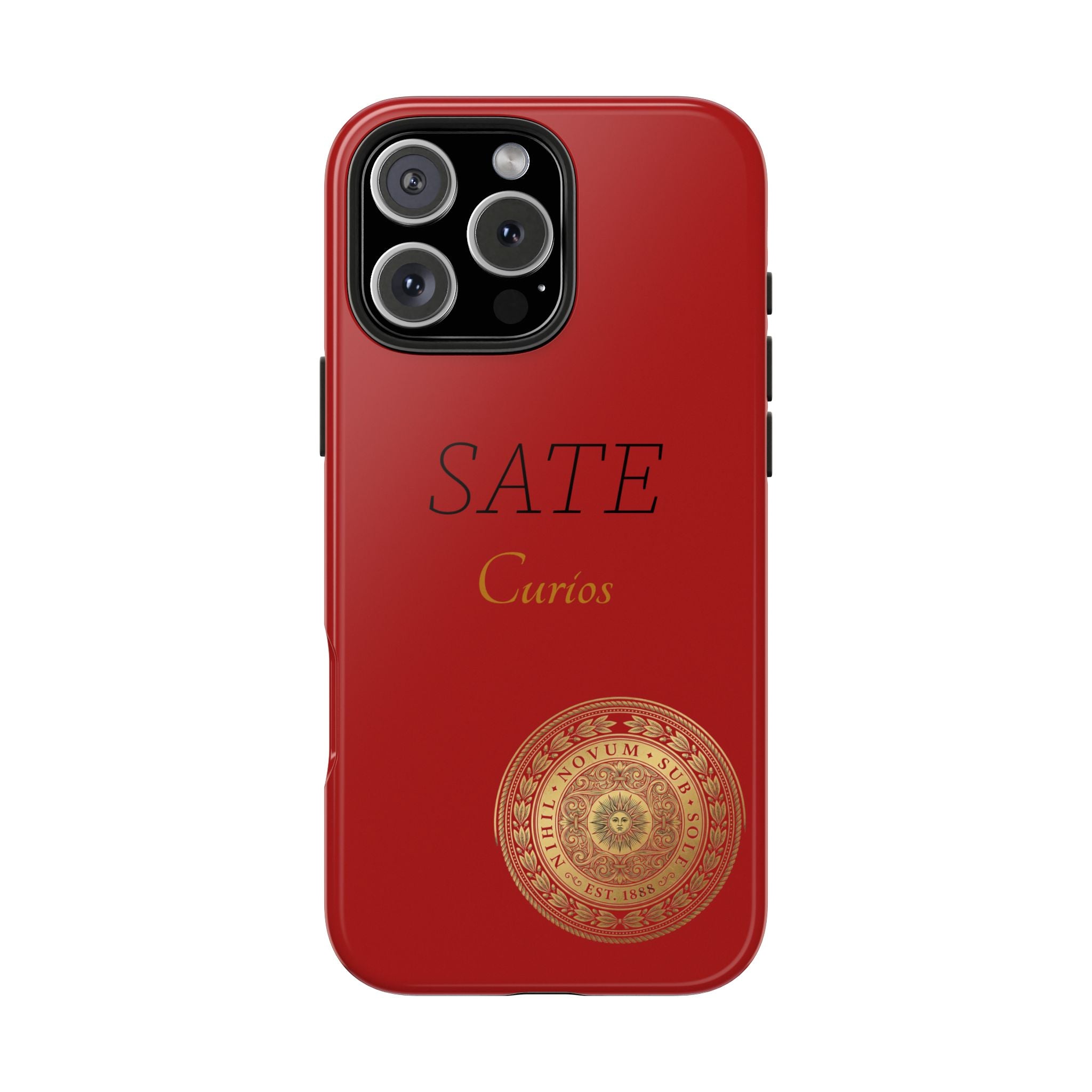 Red 'SATE Curios' Tough Phone Case with Gold Mandala — Durable Protective Case
