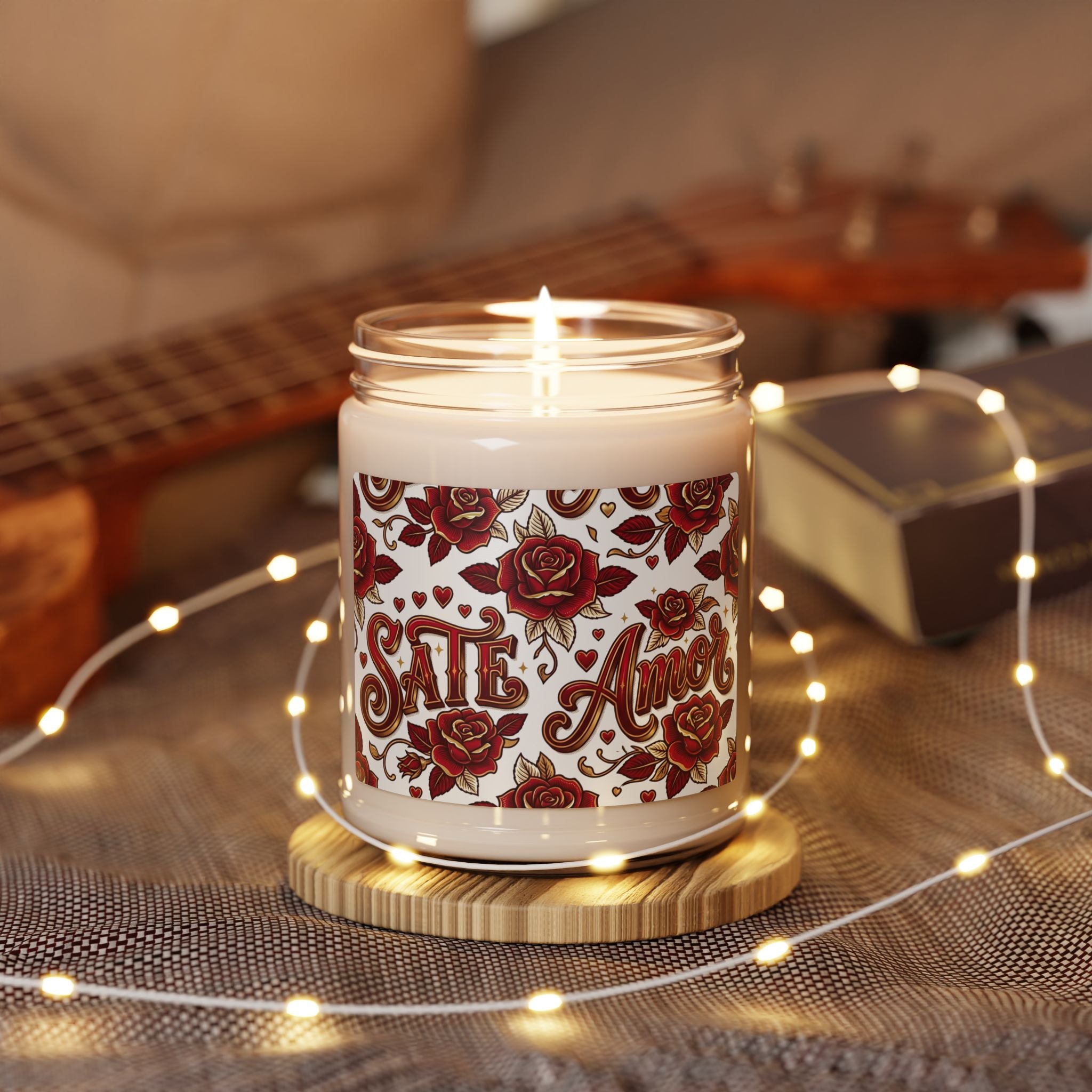 Scented Soy Candle — "SATE Amor" Rose-Patterned 9oz (Romantic Gift)
