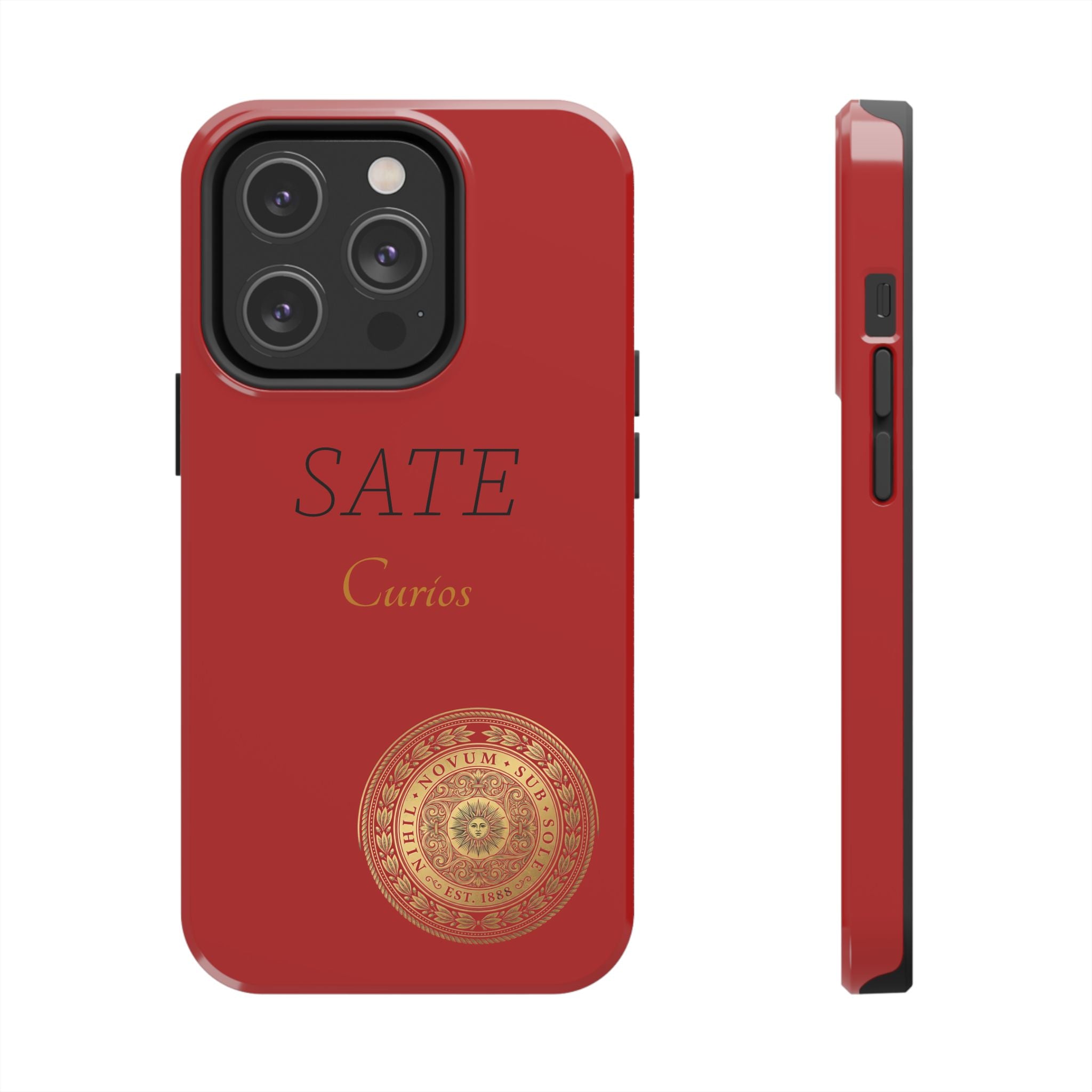 Red 'SATE Curios' Tough Phone Case with Gold Mandala — Durable Protective Case