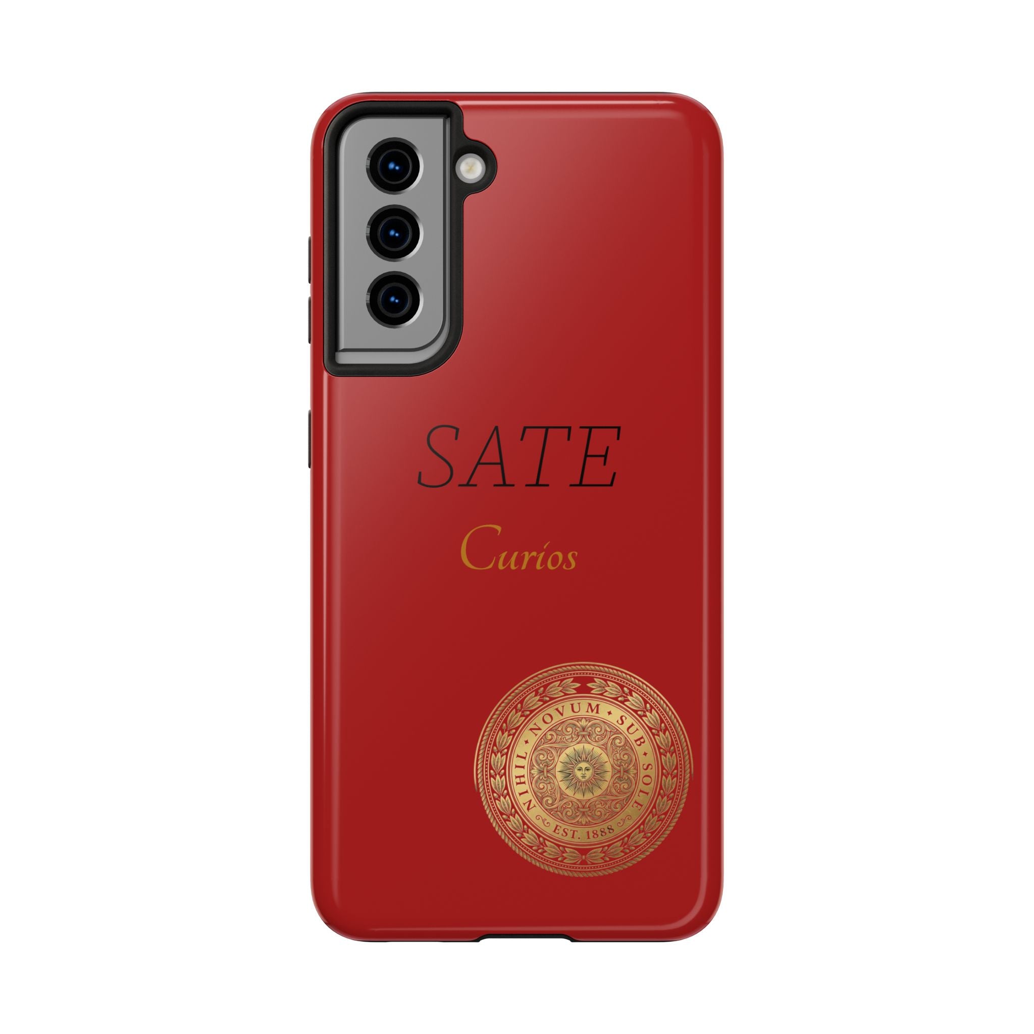 Red 'SATE Curios' Tough Phone Case with Gold Mandala — Durable Protective Case