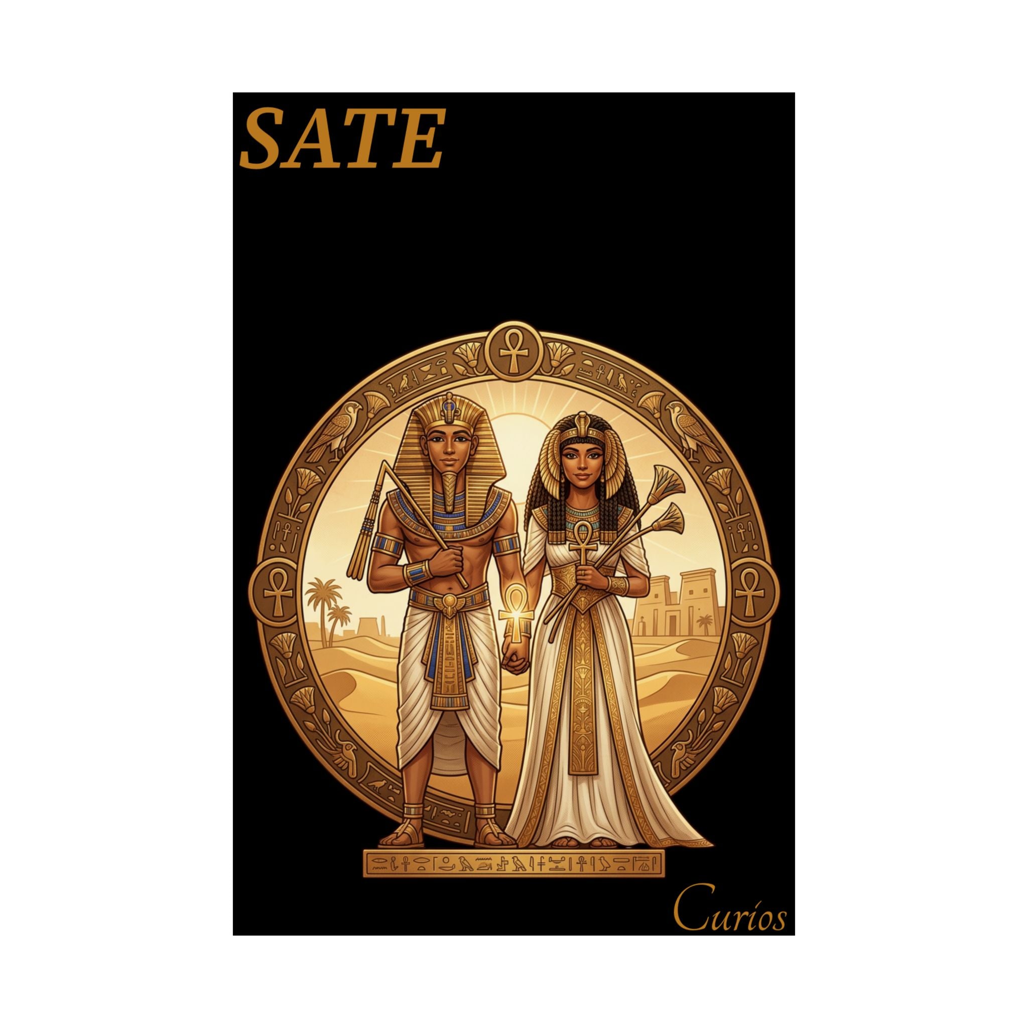 Egyptian Couple Satin Poster — Vintage Pharaoh & Queen Art Print (210gsm)