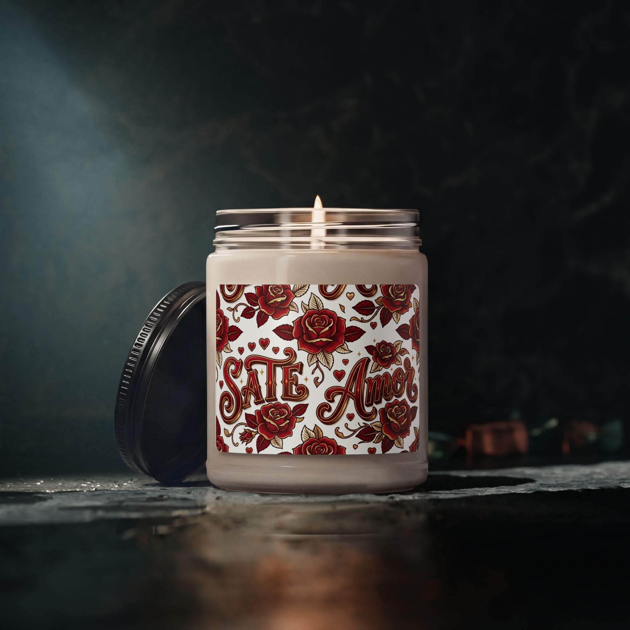 Scented Soy Candle — "SATE Amor" Rose-Patterned 9oz (Romantic Gift)