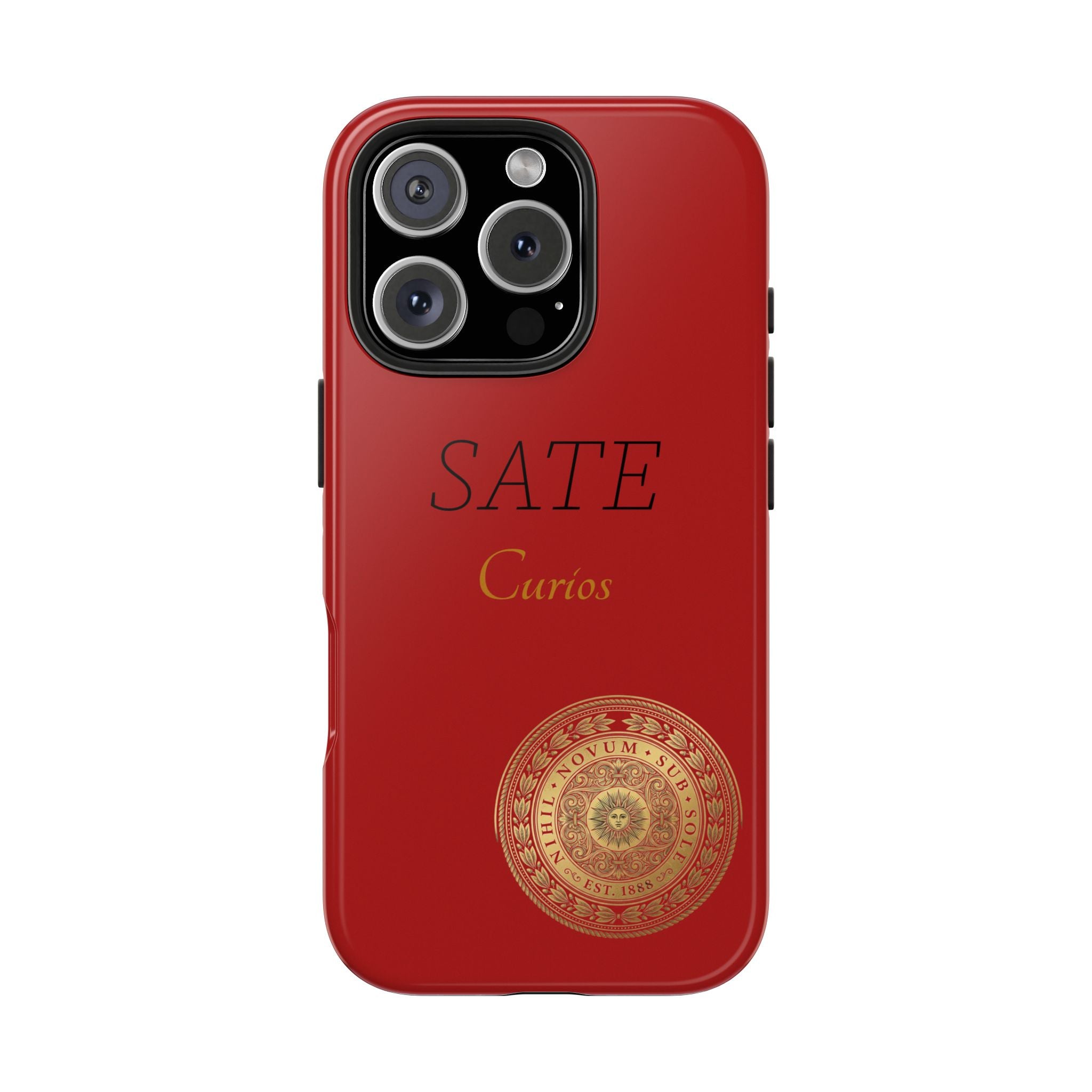 Red 'SATE Curios' Tough Phone Case with Gold Mandala — Durable Protective Case