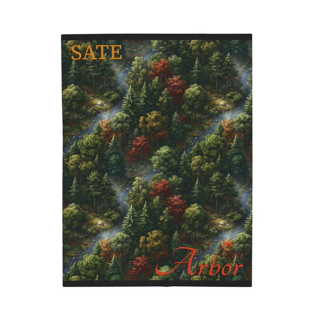 Forest Canopy Plush Blanket – Autumn Arbor Velveteen Throw with "Arbor" Script