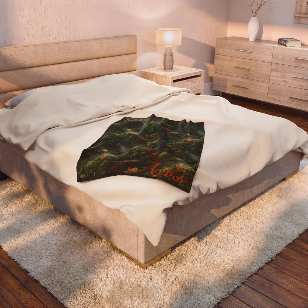 Forest Canopy Plush Blanket – Autumn Arbor Velveteen Throw with "Arbor" Script