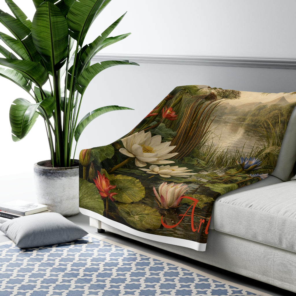 Vintage Tropical Lotus Sherpa Blanket — 'Arbor' Botanical Oasis Throw