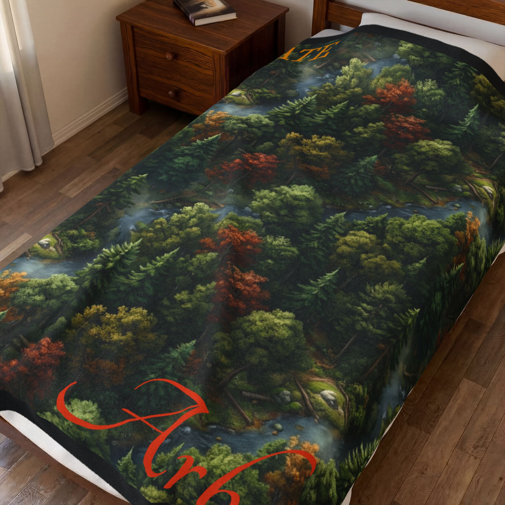 Forest Canopy Plush Blanket – Autumn Arbor Velveteen Throw with "Arbor" Script
