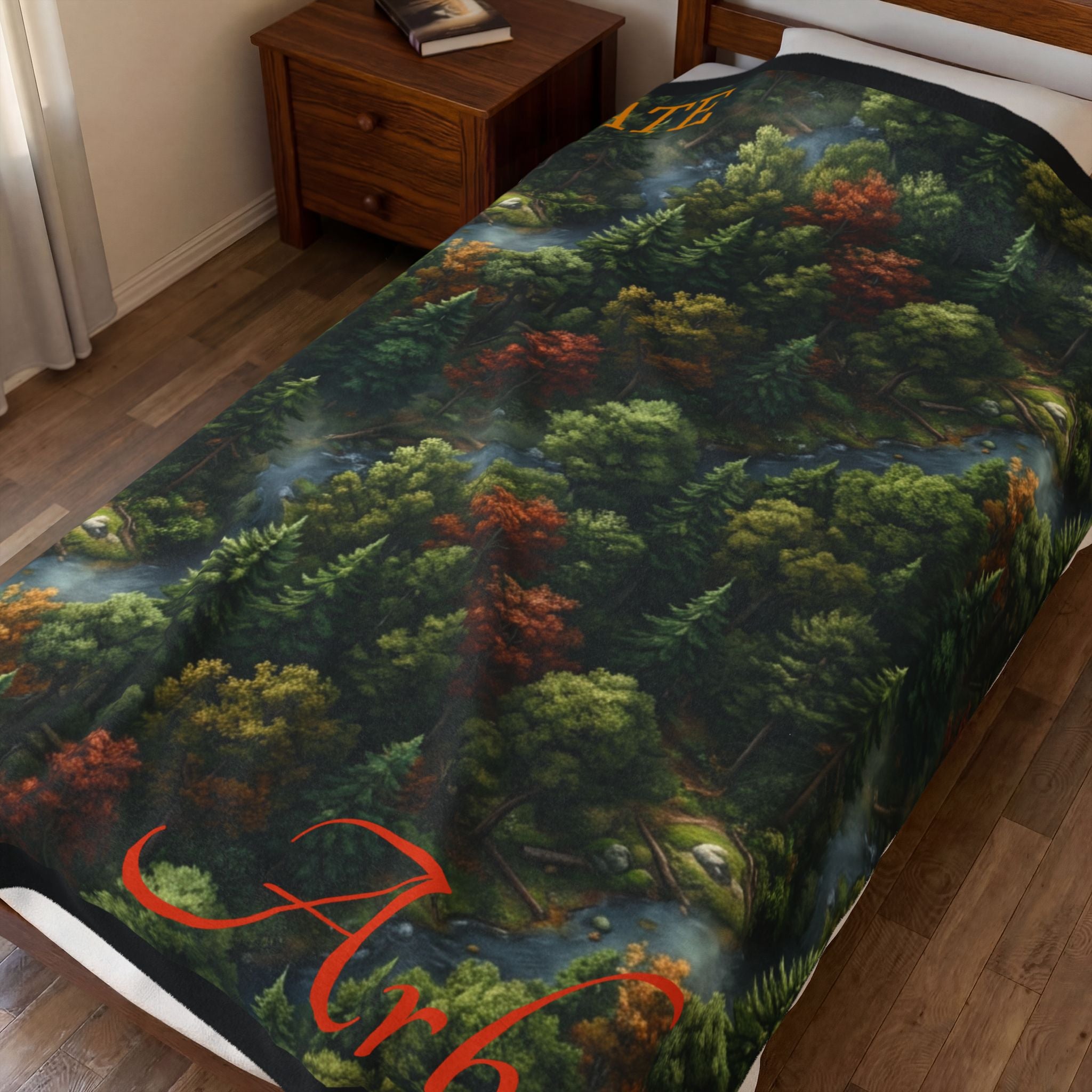 Forest Canopy Plush Blanket – Autumn Arbor Velveteen Throw with "Arbor" Script