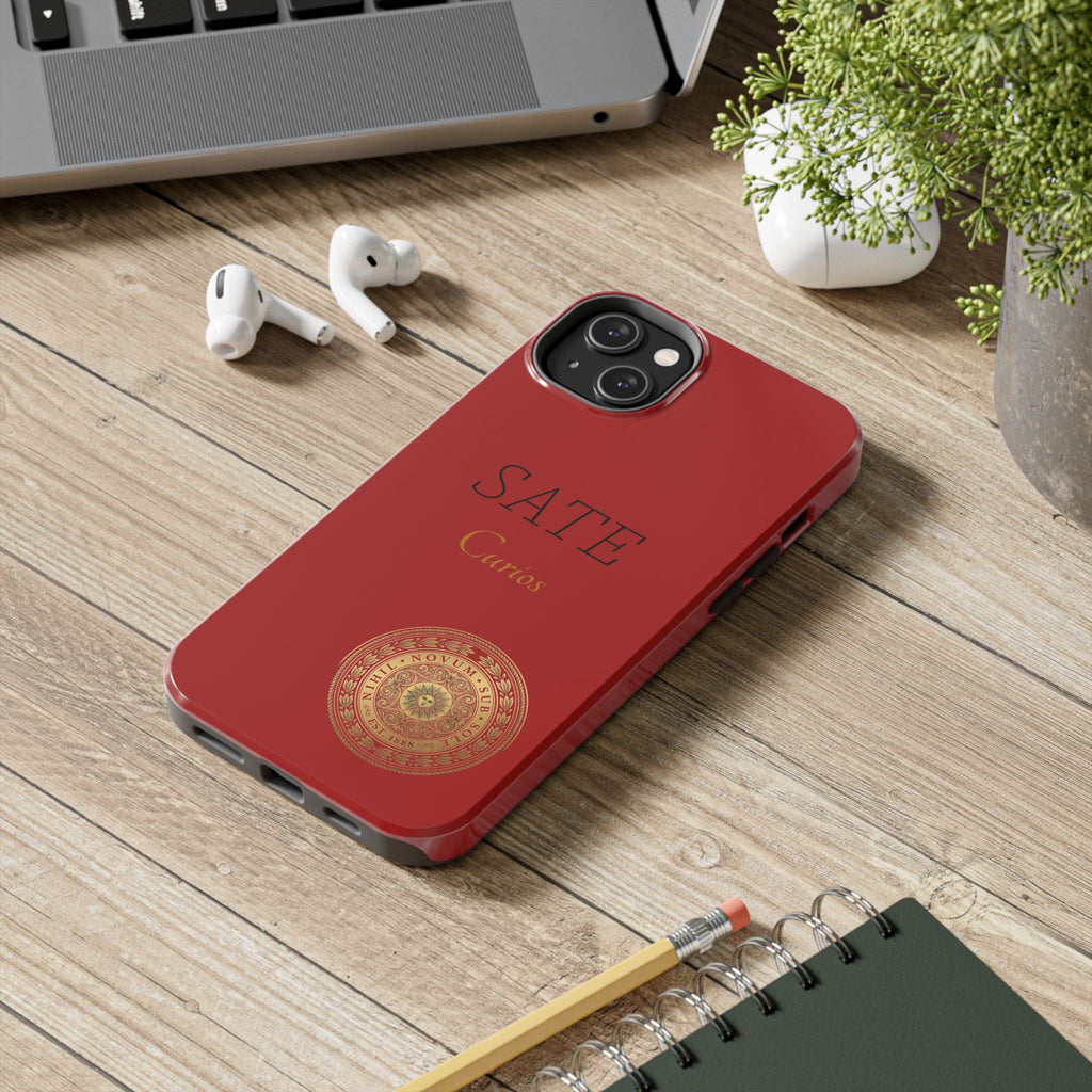 Red 'SATE Curios' Tough Phone Case with Gold Mandala — Durable Protective Case