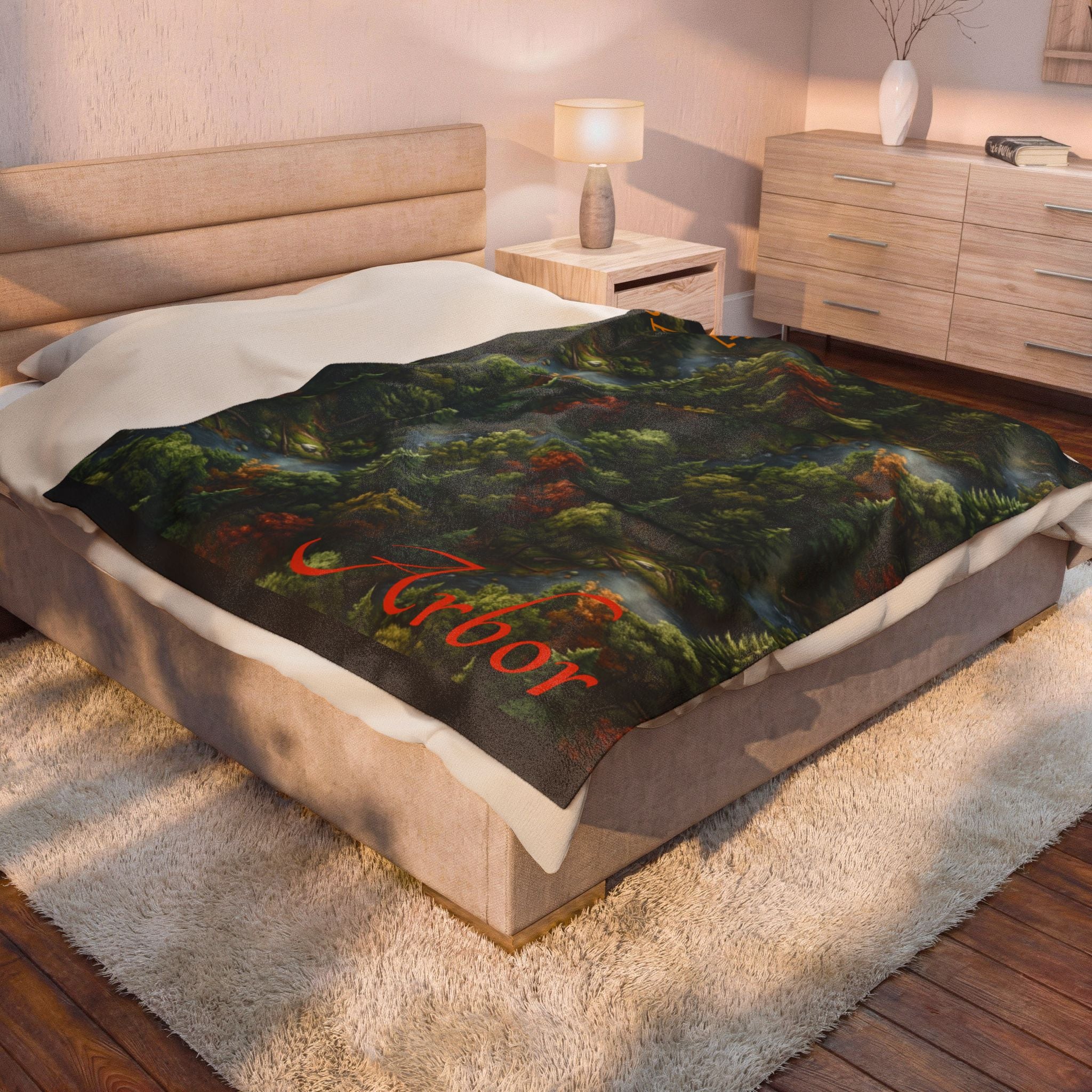 Forest Canopy Plush Blanket – Autumn Arbor Velveteen Throw with "Arbor" Script