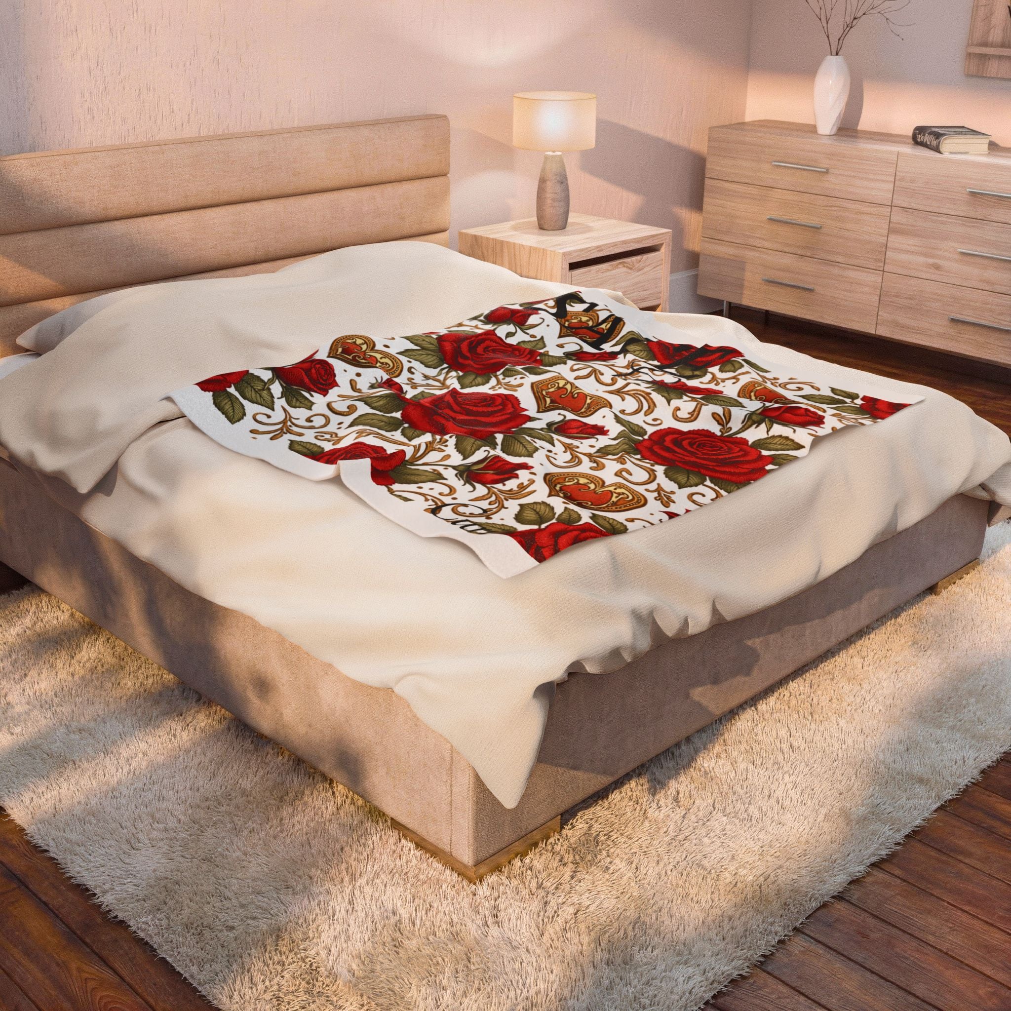 SATE Amor Velveteen Plush Blanket – Red Rose & Gold Heart Floral Throw (Romantic Valentine’s Décor)