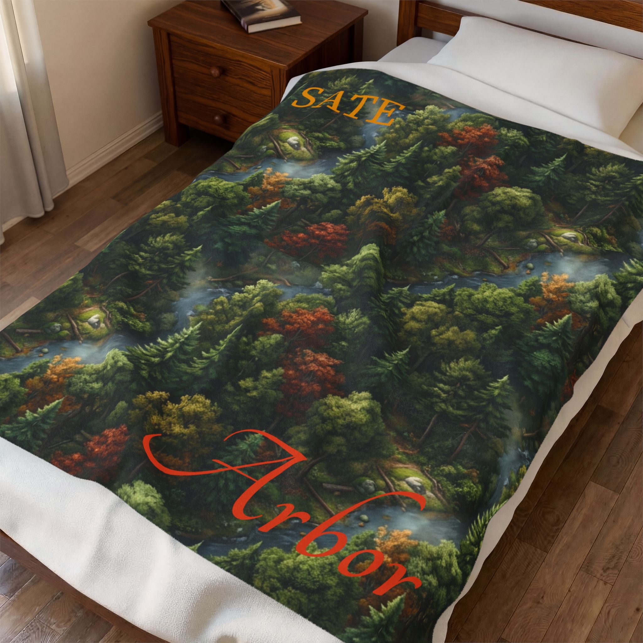 Forest Canopy Plush Blanket – Autumn Arbor Velveteen Throw with "Arbor" Script