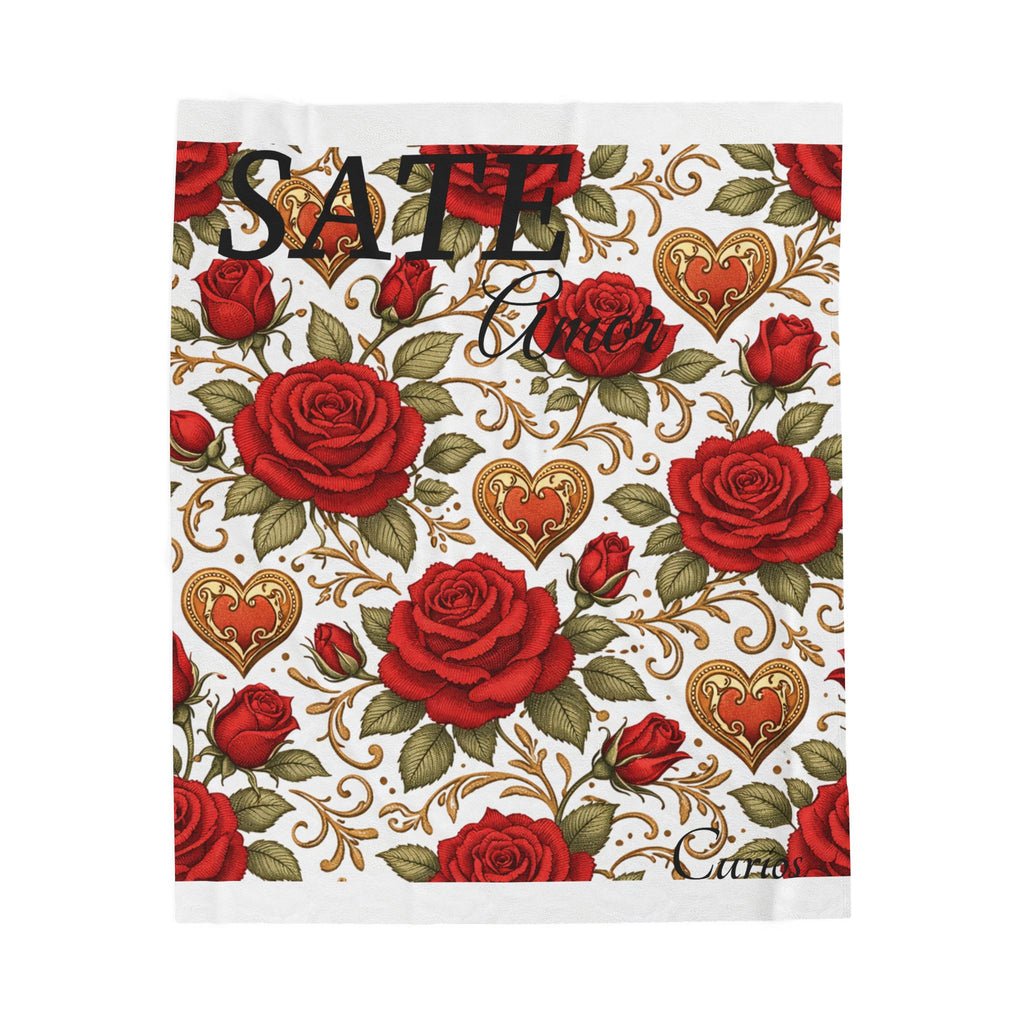 SATE Amor Velveteen Plush Blanket – Red Rose & Gold Heart Floral Throw (Romantic Valentine’s Décor)
