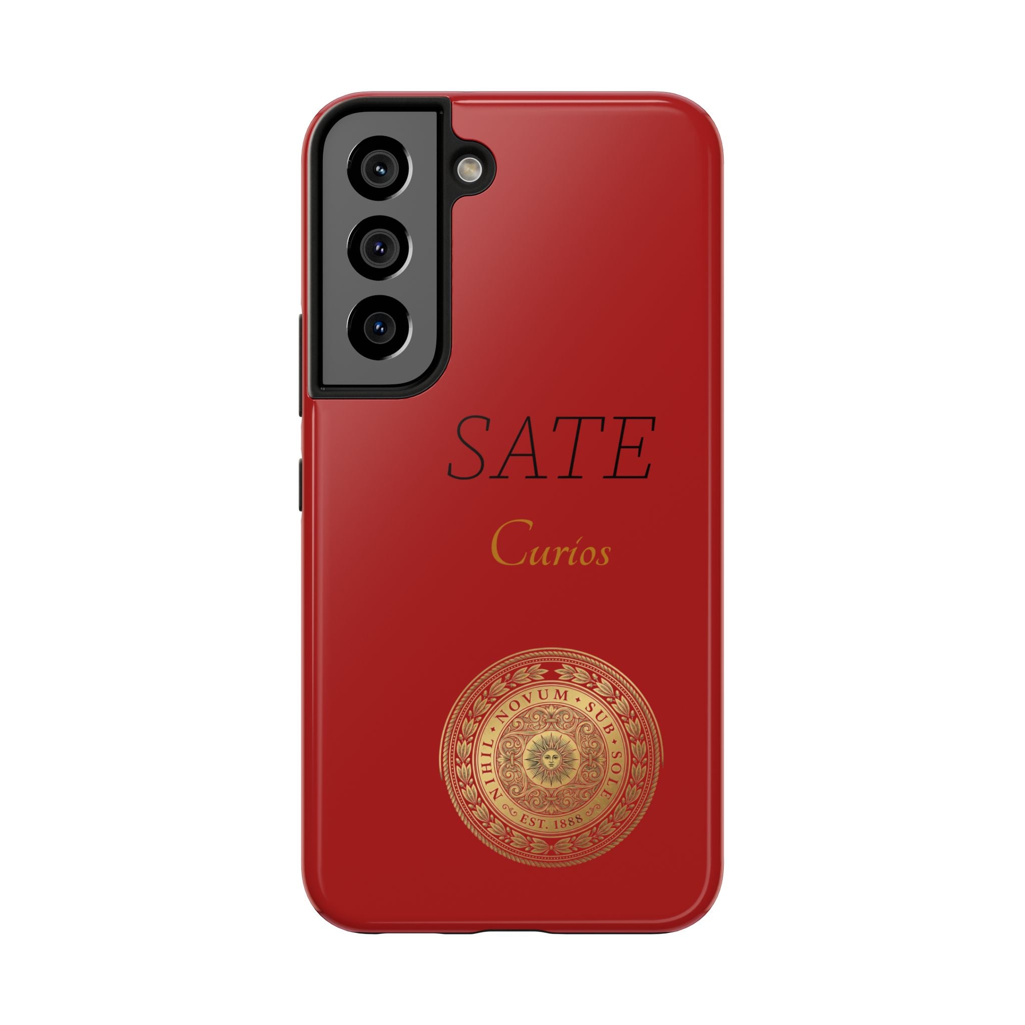 Red 'SATE Curios' Tough Phone Case with Gold Mandala — Durable Protective Case