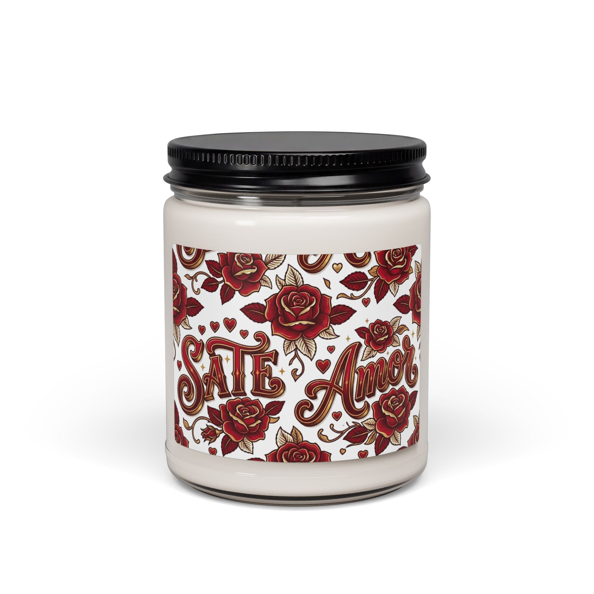 Scented Soy Candle — "SATE Amor" Rose-Patterned 9oz (Romantic Gift)